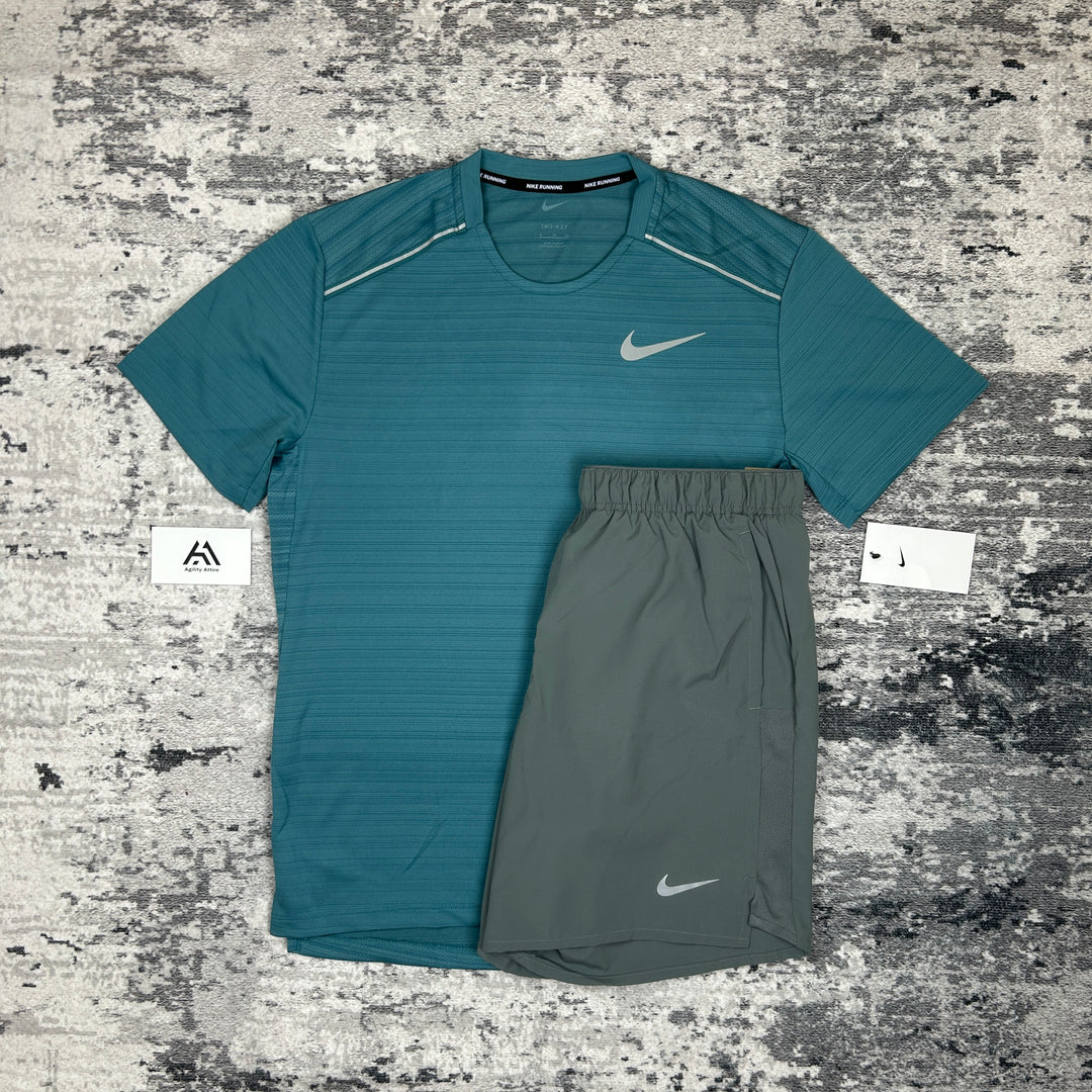 Nike Miler 1.0 Mineral Teal &amp; Nike Grey Challenger Shorts Set