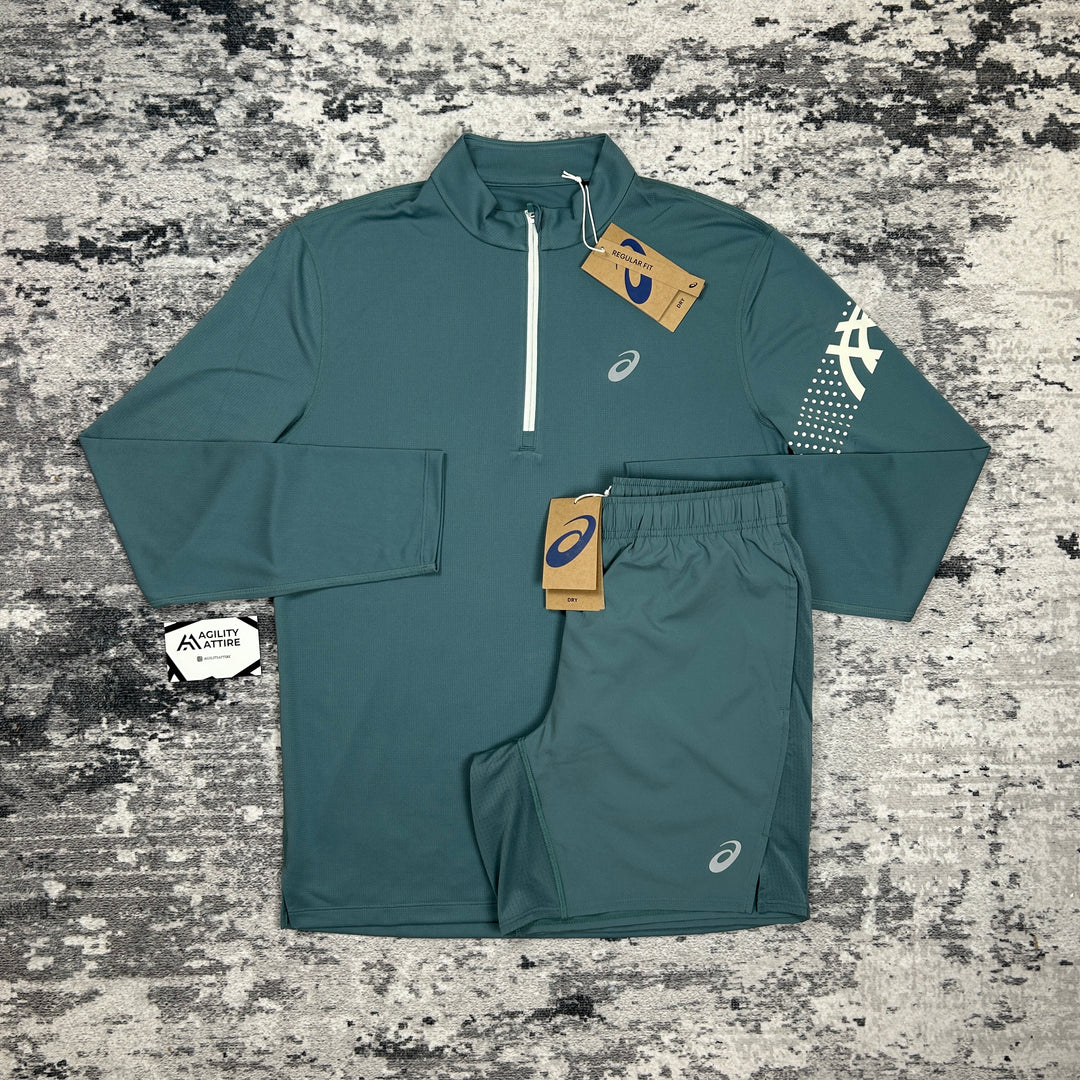 ASICS Icon 1/4 Zip &amp; ASICS Icon Shorts Foggy Teal