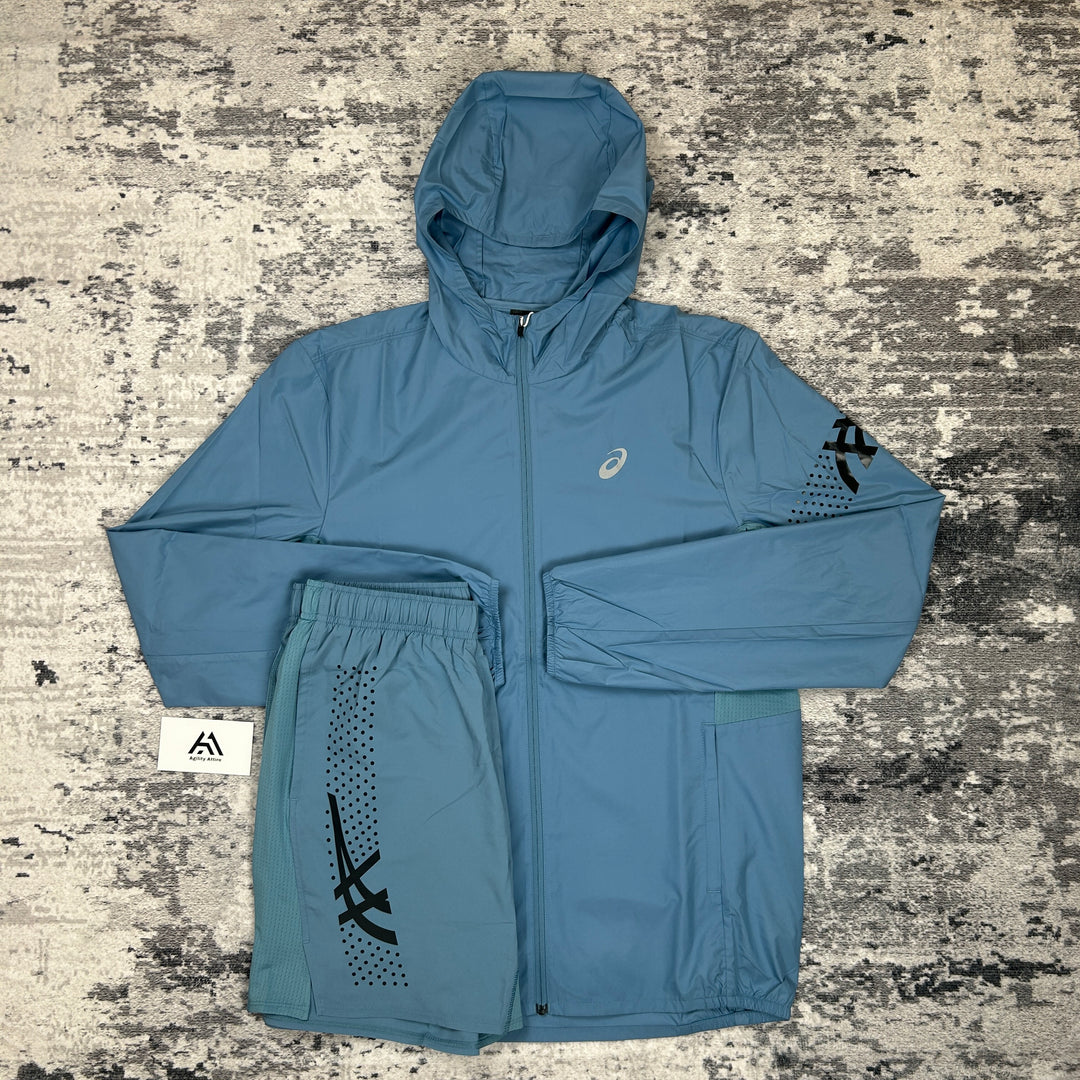 ASICS Icon Ash Blue Jacket &amp; Ash Blue Icon Shorts Set