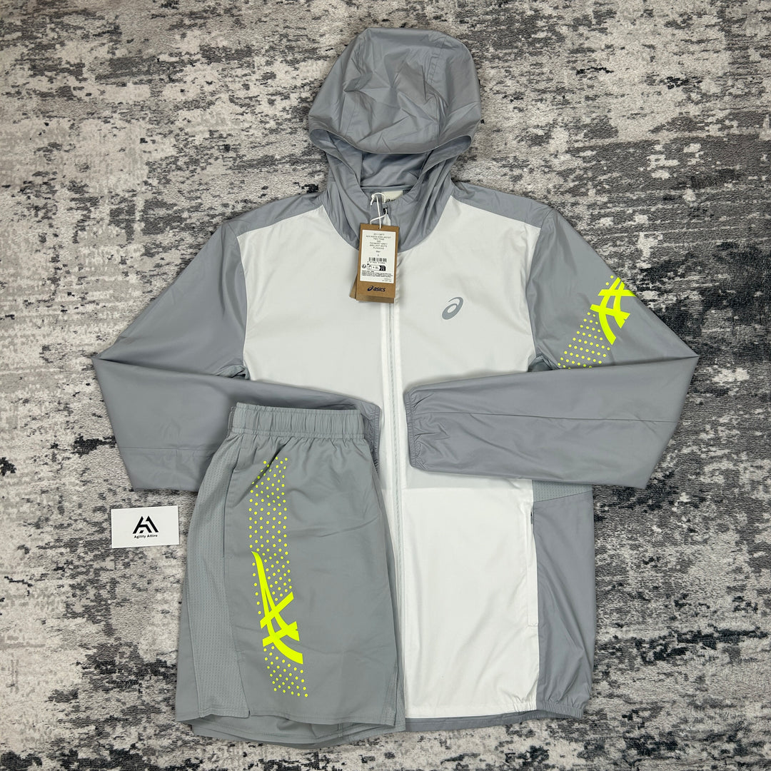 ASICS Icon White Grey Jacket &amp; Grey Icon Shorts Set