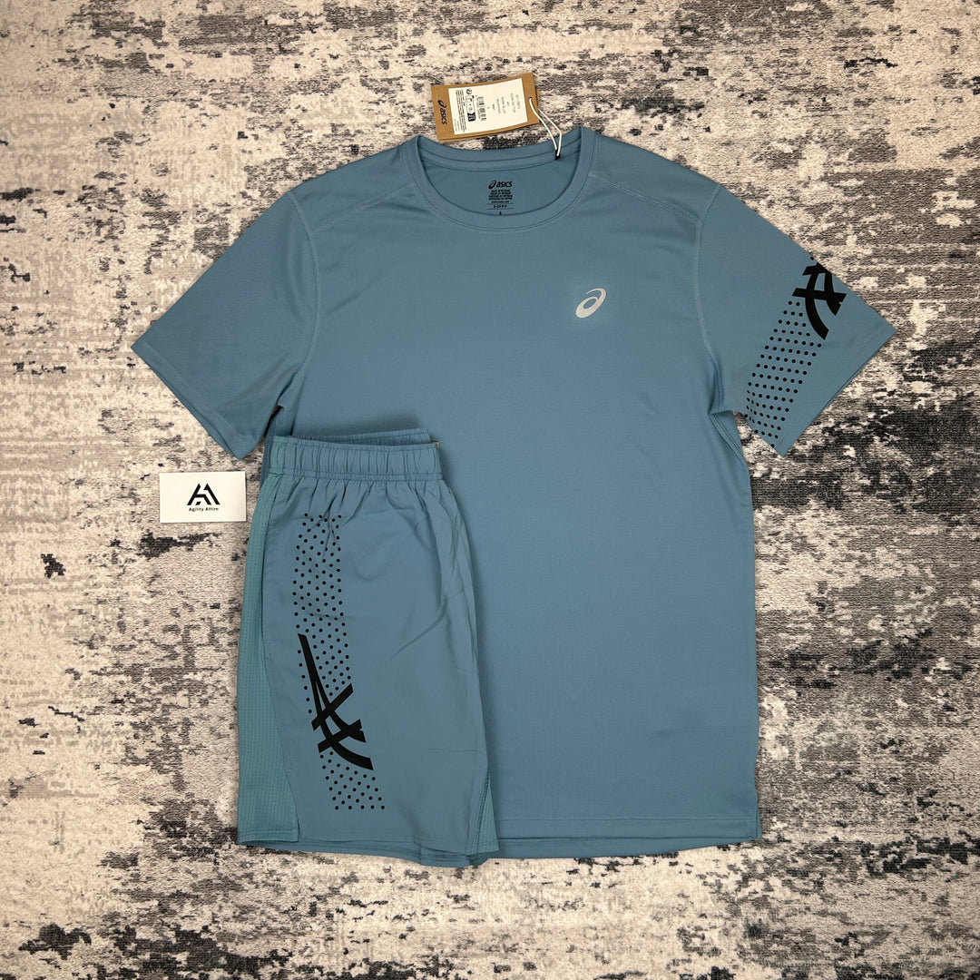 ASICS Icon T-Shirt Ash Blue &amp; Ash Blue Icon Shorts Set